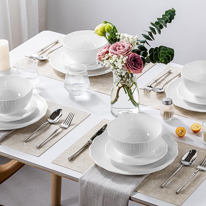 Porcelain Dinnerware Sets for 4 12 Piece Plates and Bowls Set Scratch-Resistant Microwave &amp Dishwasher Safe Dishes Kitchen and Dining Dishware