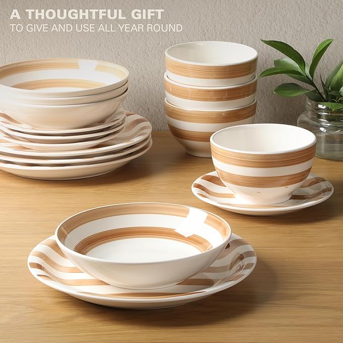 Gibson Home Kenwood Shores 16 Piece Dinnerware Set Brown Striped Stoneware Hand-Painted Plates and Bowls Service for 4 Microwave &amp Dishwasher Safe