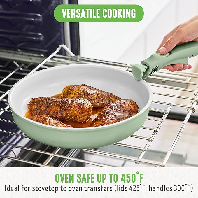 GreenLife 10 Piece Nonstick Pots &amp Pans Set Detachable Handle &amp Stackable Cookware Set Non Toxic PFAS-Free Skillets Induction Kitchen Pans Space Saving Serving Bowls Oven Safe Sage Gree