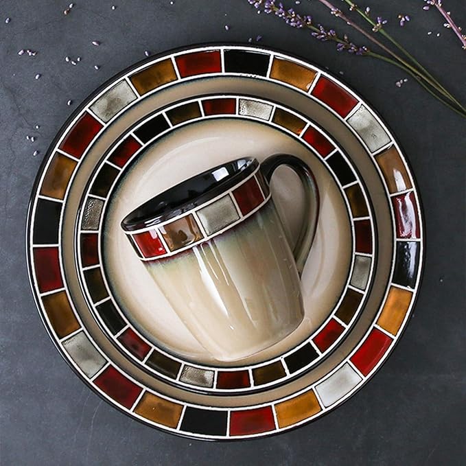 Dinner Plates Kitchen Dinnerware Set Household Steak Cutlery Set Durable Ceramic Dinner Plate Sets Includes Steak Plate Salad Plate Cereal Bowl and Mug KitchenRed
