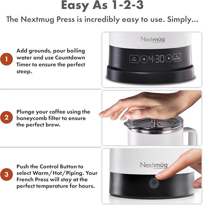 Nextmug Press - Temperature-Controlled Self-Heating French Press (White - 40 oz.)