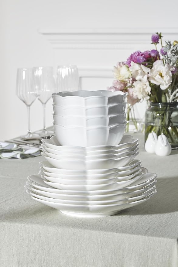Lenox Dinnerware Set Studio 1414 Scallop 16-Piece Set Service For 4 Bone China Material Dishwasher &amp Microwave Safe Home And Kitchen Kitchen And Dining Plates And Bowls Sets (White 16 Piec