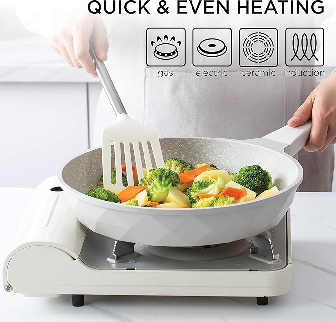 Country Kitchen Non-Stick Cast Aluminum Cookware Set - Durable Kitchen Cookware for Everyday Cooking Cream Diamond 11 Pc.
