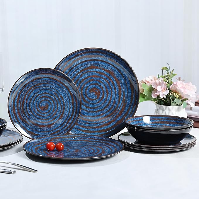 Melamine Dinnerware Set 12-Piece Plates and Bowls Set Blue Threaded Plastic Dishes Set Service for 4 BPA-Free Dishwasher Safe