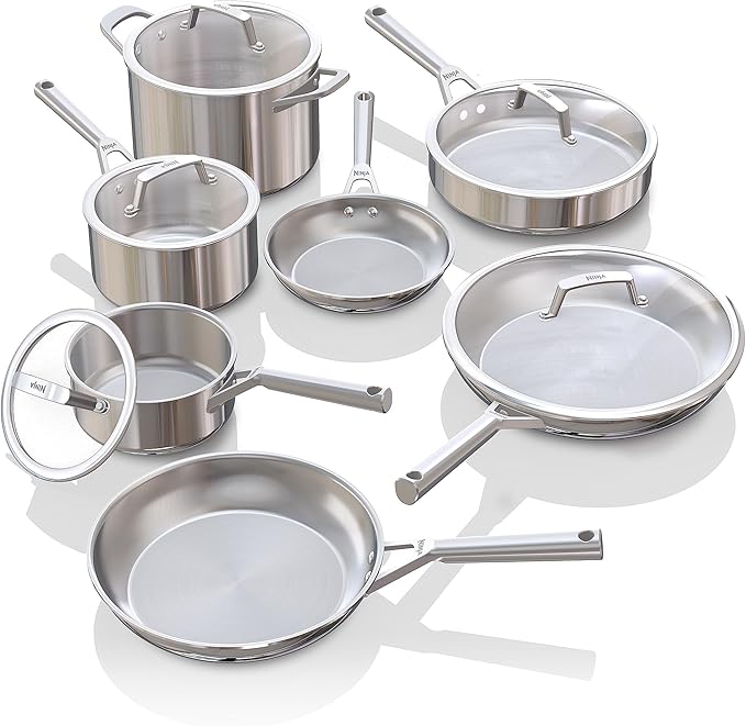 Ninja EverClad Stainless Steel Cookware 12 Piece Pots &amp Pans Set All Stovetops &amp Induction Oven Safe to 600°F Tri-Ply Commercial-Grade C99012