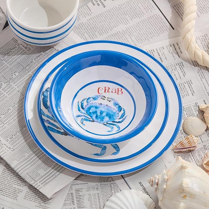 Beach House Crab 12-Piece Melamine Dinnerware Set – Vibrant Coastal Charm Service for 4 Blue &amp White Nautical Design Durable Shatterproof Lightweight and Dishwasher-Safe