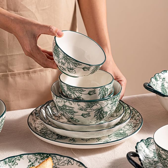 56 Piece Ceramic Dinnerware Set Microwave &amp Dishwasher Safe Plates and plates and bowls setss Sets with Green Rose Pattern Porcelain Dishware Sets for Kitchen &amp Dining