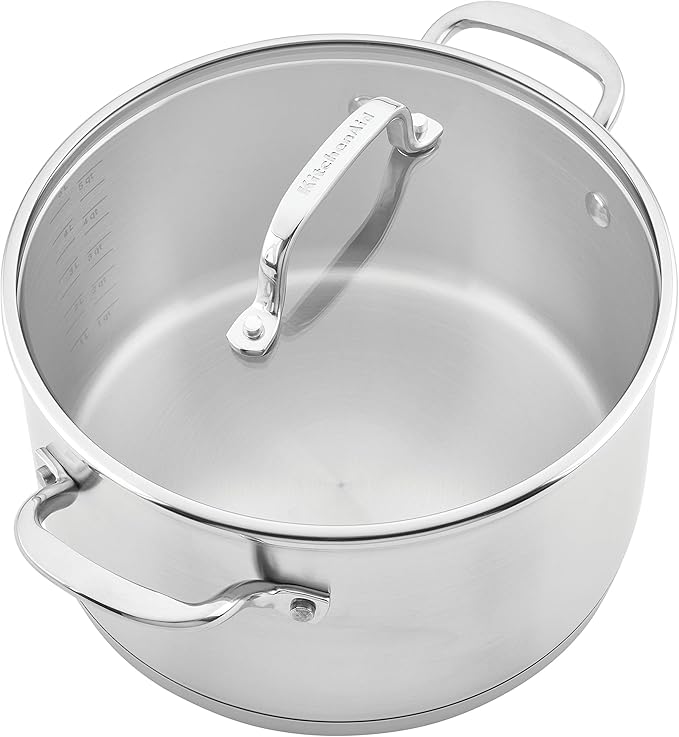 KitchenAid 3-Ply Base Brushed Stainless Steel Induction Pots and Pans Set with Nonstick Round Grill Pan and Lids Dishwasher Safe 10 Piece Cookware Set Brushed Stainless Steel