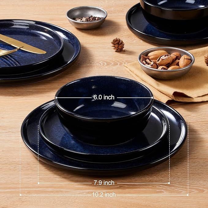 LIANYU 24 Piece Dinnerware Plate and Bowls Dishes Sets for 8 Modern Stoneware Ceramic Set Kitchen Round Dinning Ware Dishware Set Dishwasher and Microwave Safe Midnight Blue