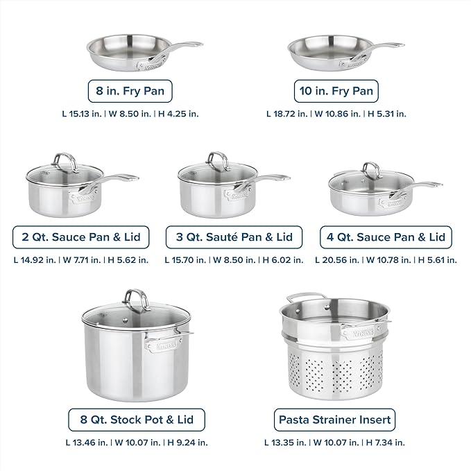 Viking ProClad 3-Ply Stainless Steel 11-Piece Cookware Set with Vented Glass Lids Fry Pans Saucepans Saute Pan Stock Pot with Strainer Insert Oven Safe up to 600F