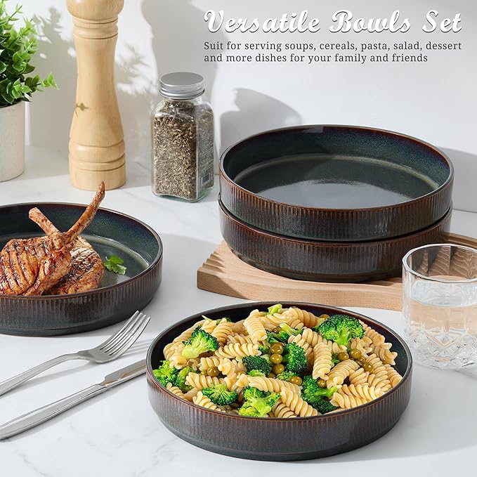 E-far 12-Piece Plates and Bowls Sets and 35oz Pasta Bowls Set of 4 bundle Stoneware Dinnerware Dishes Sets for 4 Kitchen Modern Dining Dishware Bowl Plate Blackish Green