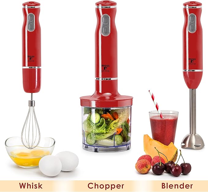 Moss &amp Stone Electric Hand Blender Set 300W Immersion Hand Blender with Whisk and Chopper Stainless Steel Shaft and Blades 2-Speed Handheld Mixer with Ergonomic Grip Red
