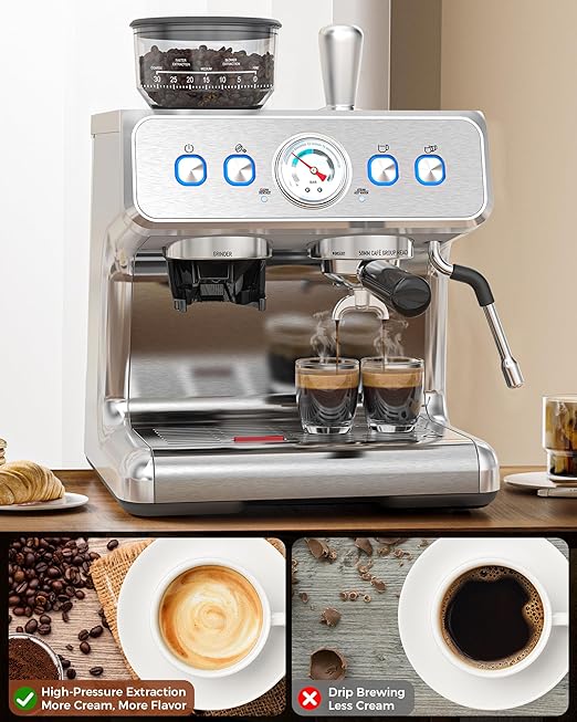 COWSAR 20 Bar Espresso Machine with Grinder &amp Milk Frother Steam Wand 58mm Expresso Coffee machines Commercial Stainless Steel Coffee Maker for Cappuccino and Latte Perfect for Home and Café Us