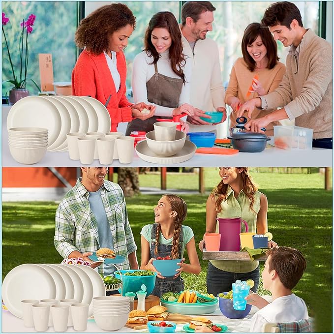 18pcs Wheat Straw Dinnerware Sets Unbreakable dish Set Reusable Plates Bowls and Cups Set dishes Dishwasher Microwave Safe for Kitchen Outdoor Travel Camping (Beige)