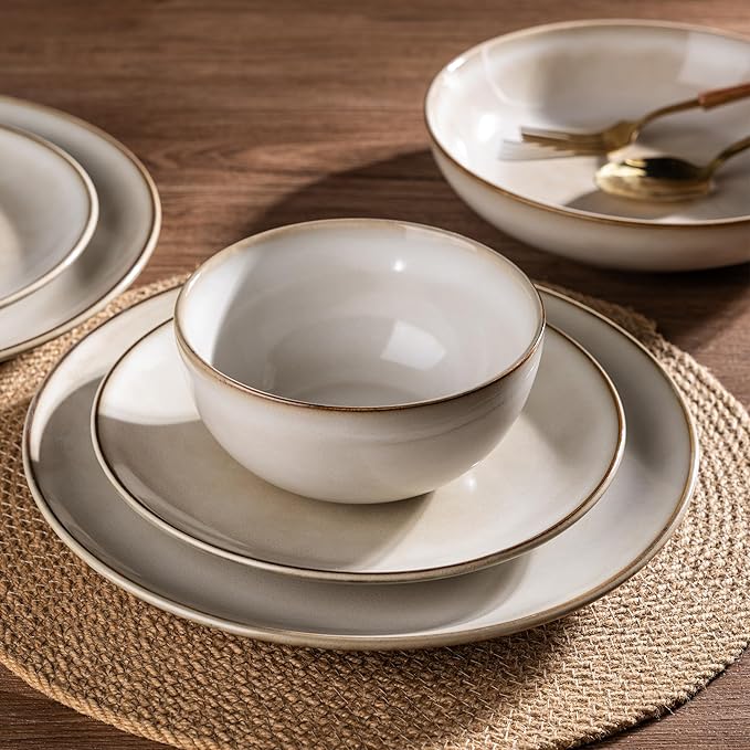 AmorArc Stoneware Dinnerware Sets for 6 18 Pieces Handpainted Ceramic Plates and Bowls Set Scratch Resistant Dishes Set Dishwasher &amp Microwave Safe Cappuccino