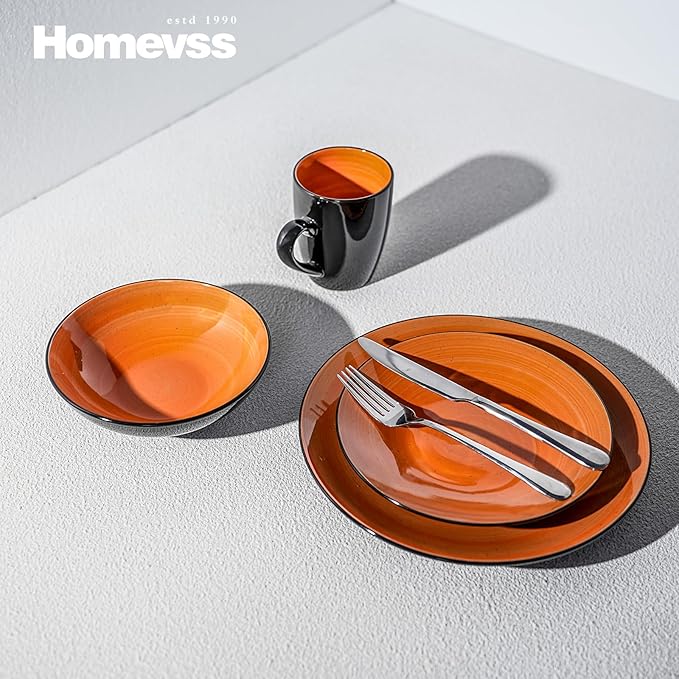 Stoneware Sonoma 56pc Dinnerware Set Black + Speckled Spin Wash Orange