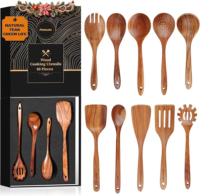 Wooden Spoons for Cooking Wooden Utensils for Cooking Natural Teak Wooden Kitchen Utensils Set Comfort Grip(10 PCS SET GIFT BOX)