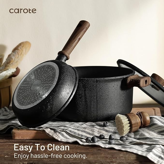 CAROTE 24Pcs Nonstick Kitchen Titanium Cookware Sets Non stick Pots and Pans set Induction Cookware Set Black