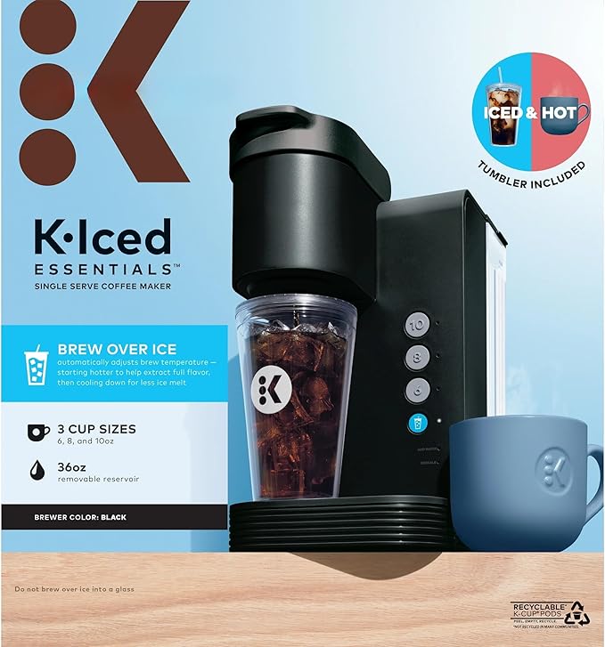 K-Iced Essentials Coffee Maker Single-Serve KCup Pod Brewer with Removable Reservoir and Auto-Off Energy Efficient Includes K Iced Tumbler Compact Black