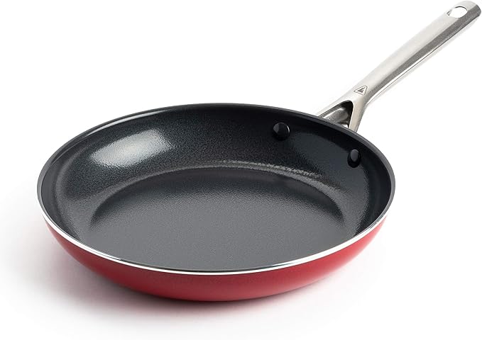 Textured Ceramic Nonstick 10 Frying Pan Skillet with Stainless Steel Handles PFAS PFOA &amp PTFE Free Dishwasher Safe Oven &amp Broiler Safe to 600 Degrees Red
