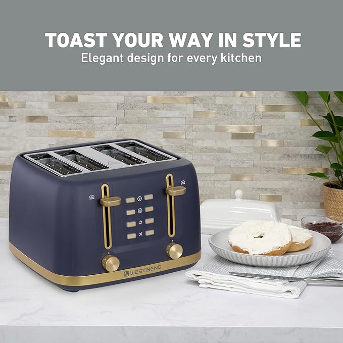 West Bend Timeless 4-Slice Toaster with 7 Browning Levels Bagel/Waffle/Defrost Settings High-Lift Lever Anti-Jam Easy-Clean Crumb Tray 4-Slice Blue/Gold