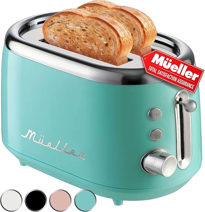 Mueller Retro Toaster 2 Slice with 7 Browning Levels and 3 Functions: Reheat Defrost &amp Cancel Stainless Steel Features Removable Crumb Tray Under Base Cord Storage Turquoise