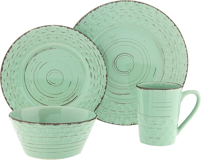 Lorren Home Trends 16 Piece Distressed Weave Dinnerware Set-Green