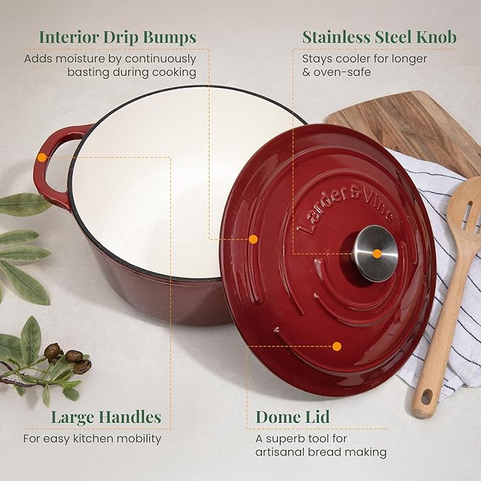Larder &amp Vine 21 Piece Cookware Set (Cabernet) | Dutch Oven Utensil Set Saucepan Skillet and Trivets