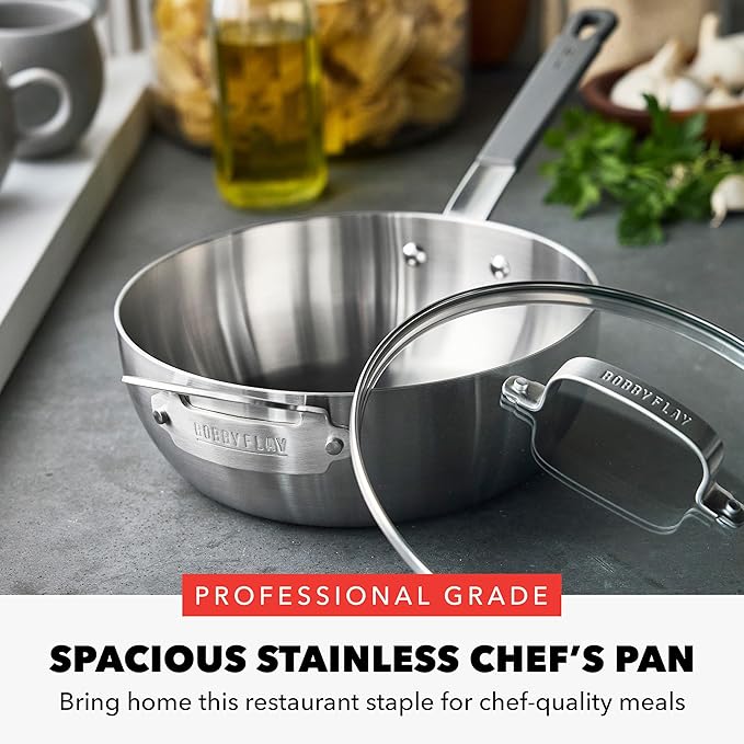 GreenPan x Bobby Flay Stainless Steel 3.75QT Saucepan &amp Glass Lid Professional Grade Tri-Ply Chefs Pan Multiclad Induction Suitable Dishwasher &amp Oven Safe Stay Cool Silicone HandleChip F