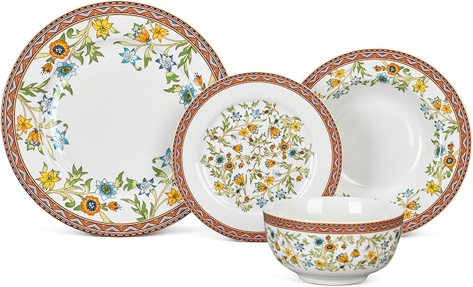 Fleurs des Prairies Bone China Dinnerware Set of 16 for 4 persons Handmade Reactive Glaze Dishes SetChip Resistant and Scratch Resistant Oven&ampDishwasher &amp Microwave SafeService for 4