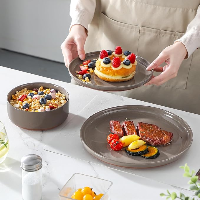 MALACASA Plates and Bowls Sets 24 Pieces Modern Ceramic Dinnerware Set for 8 Kitchen Dinner Set Stoneware Dishware Dishes Set Microwave and Dishwasher Safe Brown Series TARA