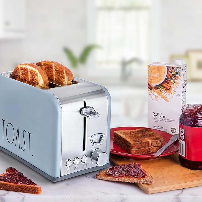 Rae Dunn Toaster Stainless Steel 2 Slice Square Toaster Wide Slot with 5 Browning Levels with Bagel Defrost and Cancel Options (Baby Blue)