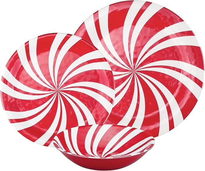 UPware 12 Piece Peppermint Melamine Dinnerware Sets Outdoor Dishes Set Plates and Bowls Sets Christmas Decorations Service for 4 Red