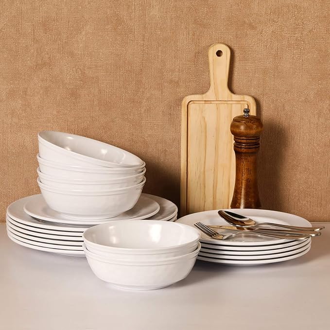 TP 18-Piece Dinnerware Set Melamine Dishes Set with Bowls and Plates Service for 6 Non-breakable Lightweight Dining Tableware White