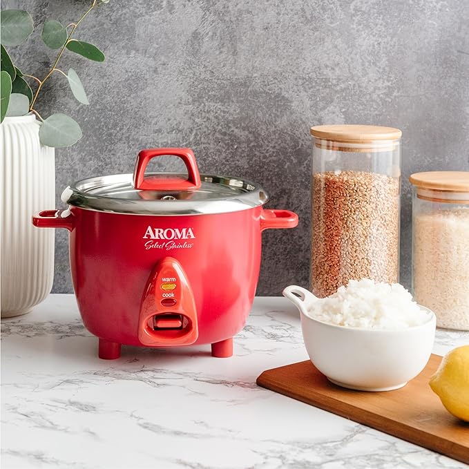 Aroma Housewares Select Stainless Rice Cooker &amp Warmer with Uncoated Inner Pot 6-Cup(cooked)/ 1.2Qt ARC-753SGR Red