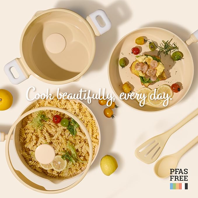 CAROTE Pots and Pans Set Nonstick Ceramic Cookware Set Yellow Cooking Set Kitchen Induction Set with Steamer PFAS PTFE Free9 Piece