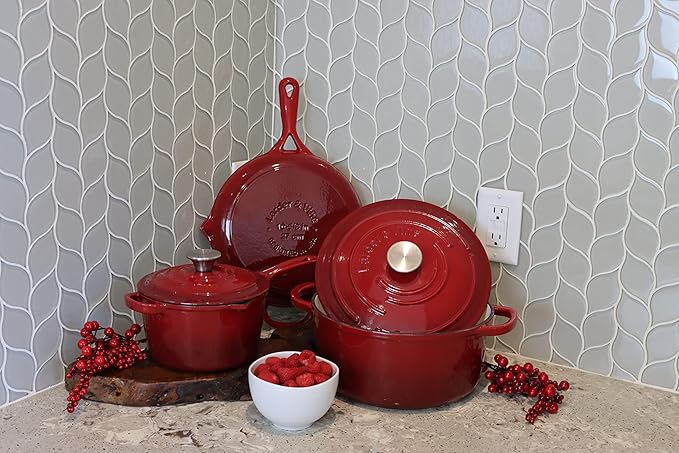 Larder &amp Vine 5-Piece Enameled Cast Iron Cookware Set - Includes 5.7 Quart Dutch Oven with Lid 10.25 Inch Skillet 2.2 Quart Saucepan with Lid (Cabernet)