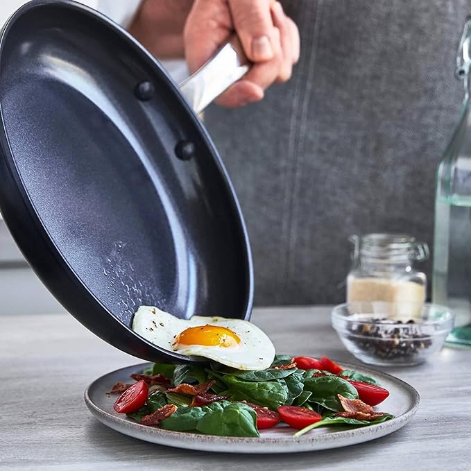 5-Piece Ceramic Nonstick Cookware Set with Frypans Saucepan Nylon Turner and Spoon Hard Anodized Oven Safe to 600°F Dishwasher Safe