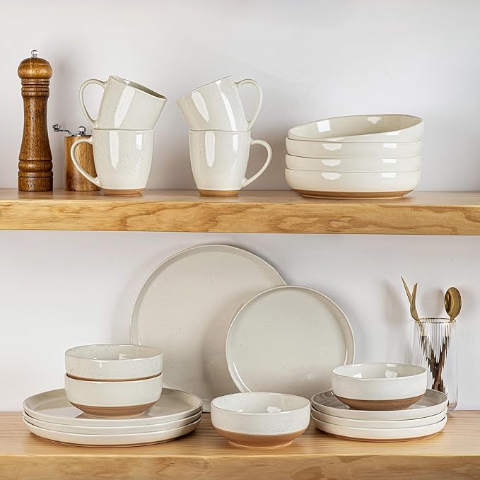GBHOME 24-Piece Ceramic Dinnerware Set for 6 Handpainted Plates Pasta Bowls &amp Bowls Set with Rustic Terracotta Underside Scratch-Resistant Dishwasher &amp Microwave SafeSpeckled Glaze Beige