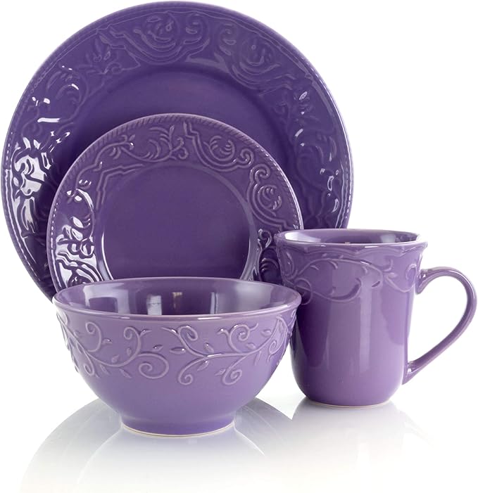 Unknown1 Lavender Field 16-Piece Dinnerware Set Purple Textured Casual Round Stoneware 16 Piece Microwave Safe Medium