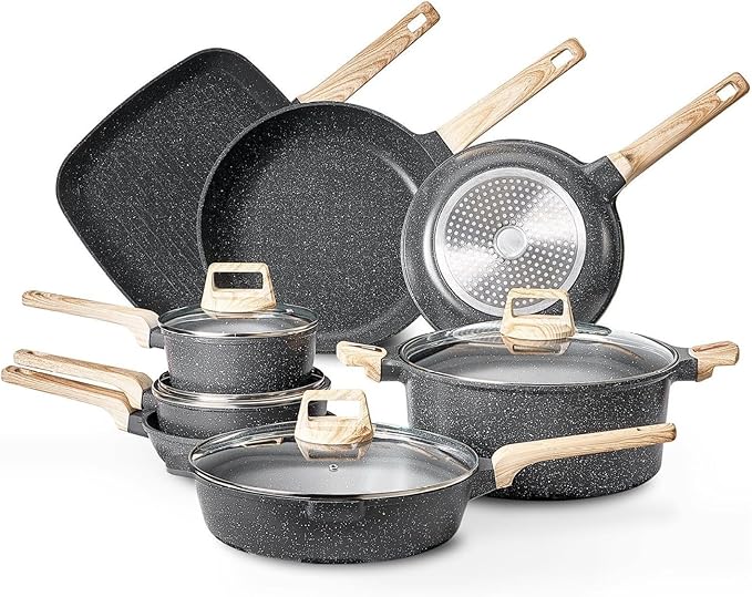 19 Piece Pots and Pans Set Granite Nonstick Cookware Set Induction Compatible Kitchen Pots and Pans Black