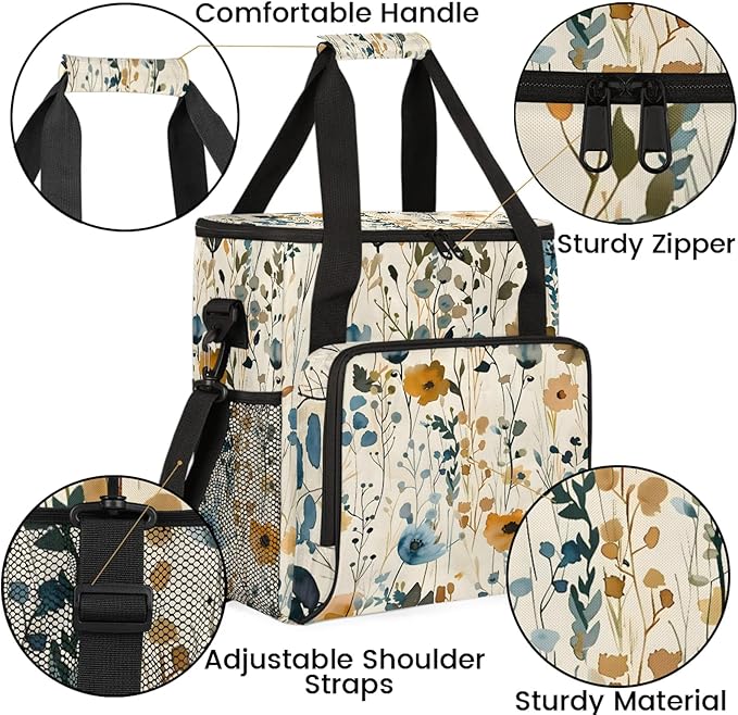 Flower Poppy Floral Coffee Maker Carring Bag Large Insulated Storage Organizer Case Tote Bags with Shoulder Strap for Travel Work Picnic