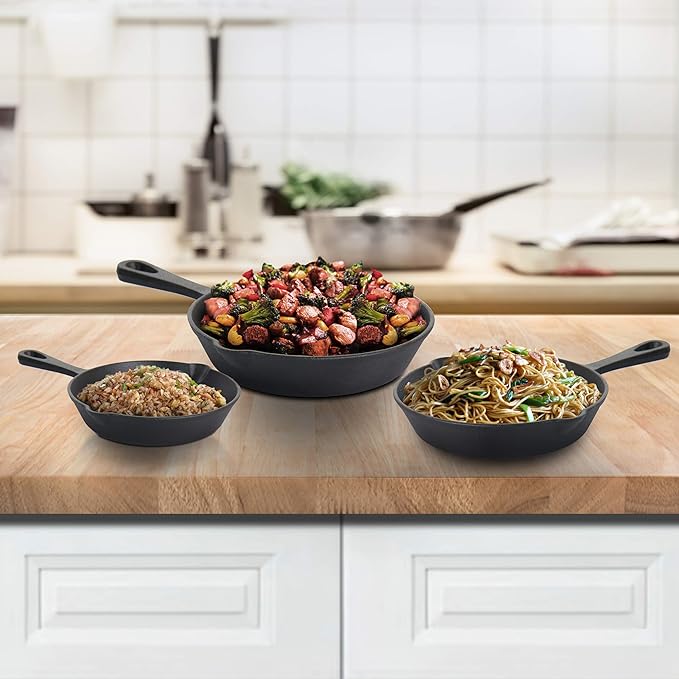 Megachef Skillet Trio Pre-Seasoned Cast Iron Cookware Set 3 Piece Black
