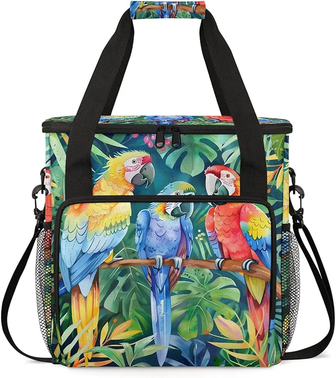 Parrot Tropical Palm Leaves Travel Coffee Maker Carrying Bag Large Organizer Storage Tote Bag Insulated Reusable Cooler Grocery Bags