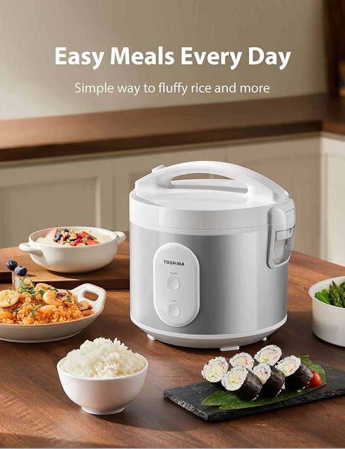 TOSHIBA Rice Cooker &amp Steamer Simple 5.5 Cup(Uncooked) with Steaming Basket Removable Non-Stick Inner Pot &amp Inner Lid for Soups Stews Grains&ampOatmeal One Touch&ampKeep Warm Function