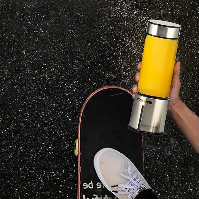 Portable Smoothie Blender ROSEVIEW Glass Cordless Mini Shakes Cup blend for smoothies USB rechargeable juicer 2 battery Handheld Personal travel Jet mixer (Metallic)