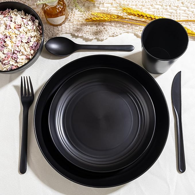 LIYH 24 Pcs Black Wheat Straw Dinnerware Sets Unbreakable Plates and Bowls Set Plastic Dinnerware Set Include Wheat Straw Plates Bowls Cups Dishes for Kitchen&amp Camping