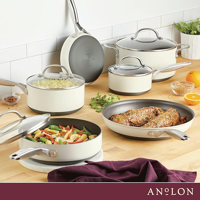 Anolon Achieve Hard Anodized Nonstick Cookware/Pots and Pans Set 10 Piece - Cream
