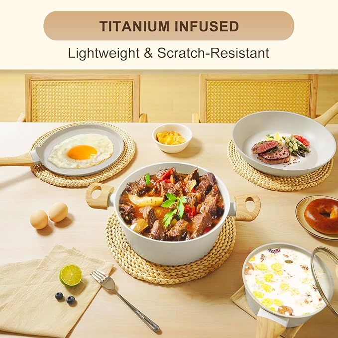 EWFEN 25 Pcs Pots and Pans Set Nonstick Ceramic Cookware Sets Healthy Non-Toxic Large Capacity Induction Compatible Cooking Set with Frying Pans &amp Saucepans PFAS/PTFE/PFOA Free Cream White