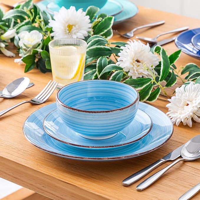 vancasso Bonita Dinnerware Set Blue Stoneware 18 Pieces Service for 6 Handpainted Spirals Pattern Stoneware Plates and Bowls Set